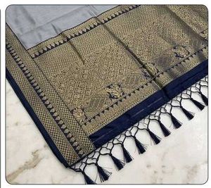 Elegant Grey Saree with Golden Zari Border