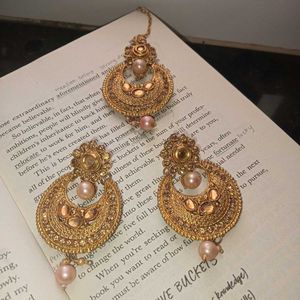 Gold-tone Kundan Maang Tikka &amp; Earring Set