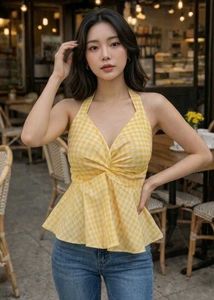 Women  Check Halter Neck Cotton Top with free gift