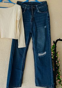 Ripped Knee Wide Leg Jeans
