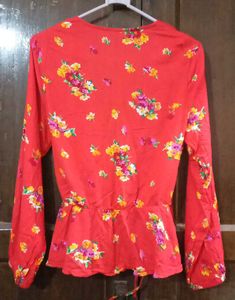 Chic Red Floral Wrap Top