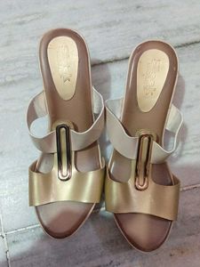 Stylish Beige and Gold Wedge Sandals