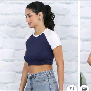 S size Navy &amp; White Cropped Raglan Tee