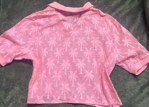 Pink Palm Tree Mesh Knit Polo Top