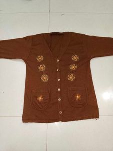 Brown Embroidered V-Neck Cardigan
