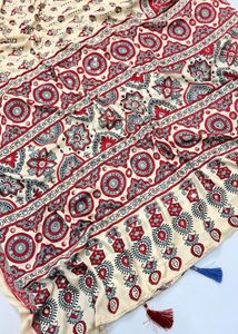 Stylish Ajrakh Mirror Work Saree