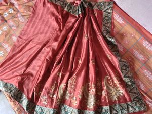 Elegant Red Silk Saree with Gold Embroidery