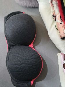 Strapless Dark Grey Bra with Pink Trim