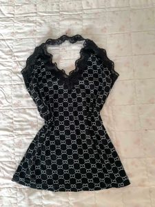 Black Lace Trim Print Halter Top