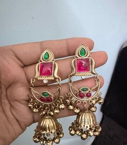 Exquisite Jhumka Earrings with Red &amp; Green Stones