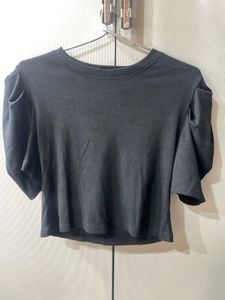 Black Ribbed Puff Sleeve Top