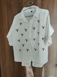 women Floral Embroidered White Shirt