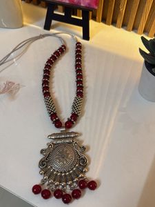 Boho Red Bead & Silver Pendant Necklace