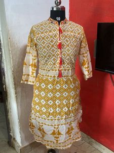 half White with mustard yellow  Printed Kurta