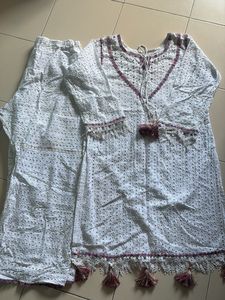 White Eyelet Kurta Set with Tassels