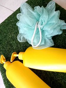 Yellow Pump Bottles &amp; Bath Puff Set
