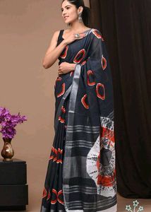 Elegant Black Saree with Red & White Print