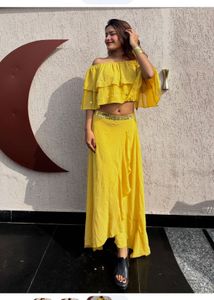 Vibrant Yellow Off-Shoulder Crop Top & Skirt Set