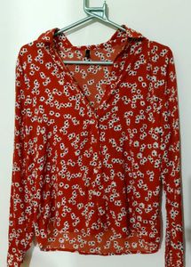 Rust Red Floral Button Up Sheer Top