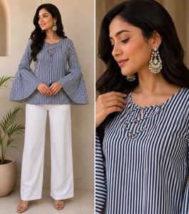 Striped Bell Sleeve Top with Lace-Up Neck