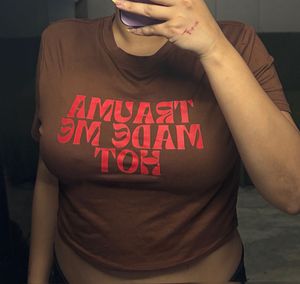 Brown Graphic Baby Tee – "Trauma Made Me Hot"