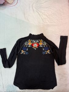 FREE PEOPLE Embroidered Black Turtleneck Top