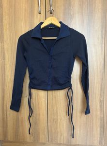 Navy Ruched Collared Long Sleeve Top