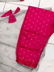 Elegant Grey Kurta Set with Pink Trim