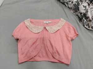 Pink Cropped Cardigan with Lace Collar