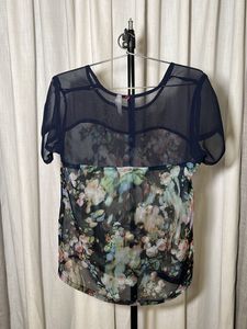 Sweetheart Neck Floral Sheer Navy Top
