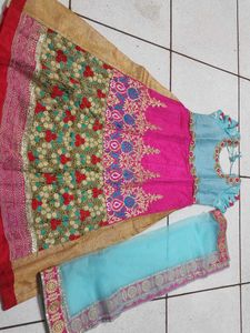 Pink &amp; Blue Embroidered Kurta Set