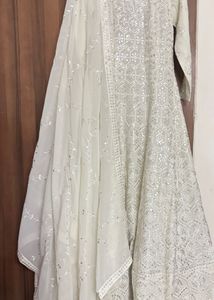 White Party Wear Anarkali Gown &amp; Dupatta
