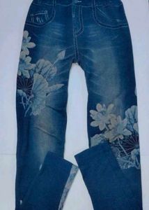 Floral Print Blue Denim Printed Pants