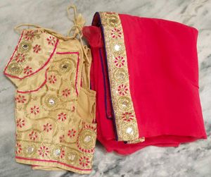 Rose Pink &amp; Gold Embroidered Saree with Blouse