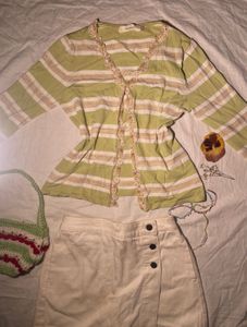 Striped V-Neck Cardigan with Lace Trim