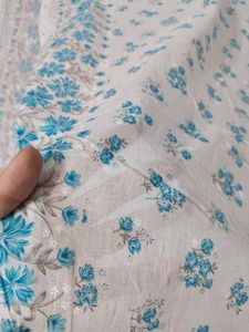 White Blue Floral Print Cotton Saaree🤍💙