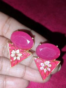 Vibrant Pink Enamel Triangle Earrings