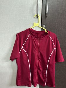 Maroon Swimsuit Top with White Piping