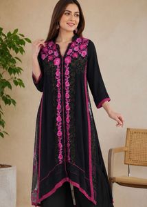 Chiffon Black Thread Embroidery Kurti