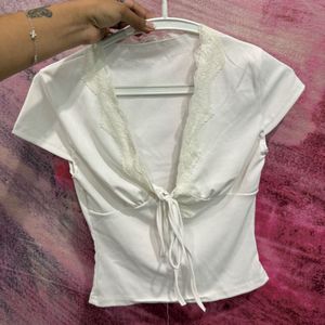 White Lace Trimmed Tie-Front Top