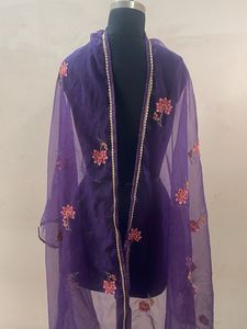 Embroidered Purple Net Dupatta