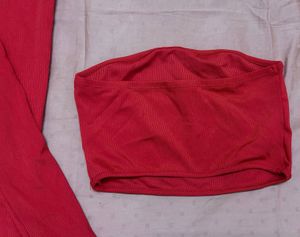 Red Ribbed Tube Top with detachable sleeves