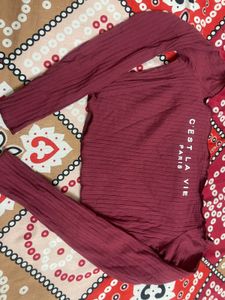 Maroon Ribbed "C'est La Vie" Top