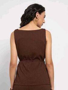 Brown Ribbed Top with Tie Detail