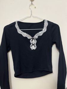 Black Lace Trimmed Long Sleeve Top