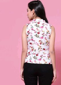 White Floral Print Sleeveless Top