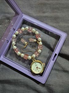 Elegant Pearl &amp; Pink Beaded Watch Bracelet