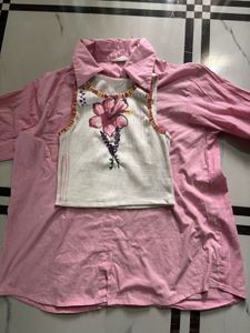 Pink Layered Button-Down Shirt with Floral Top