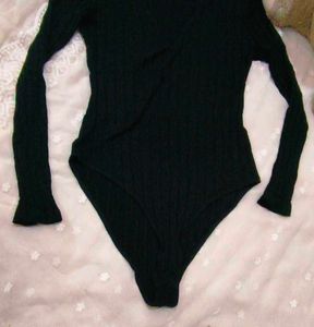 Black Ribbed V-Neck Bodysuit