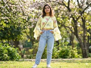 Yellow Floral Bell Sleeve Crop Top